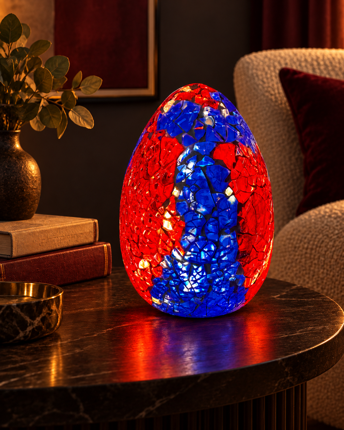 LUNORA Cobalt and Ember Mosaic Lamp in an evening reading corner