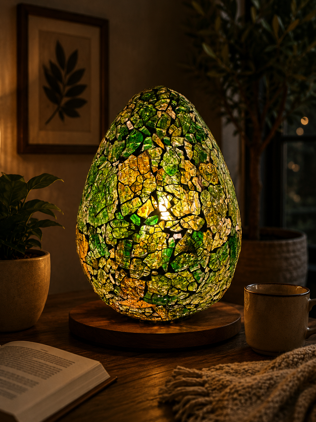 LUNORA Green Mosaic Lamp glowing in a warm luxury interior