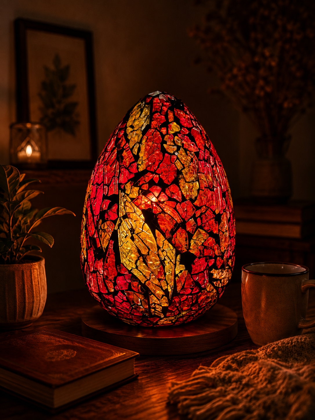 LUNORA Red and Gold Mosaic Lamp glowing in a warm luxury interior