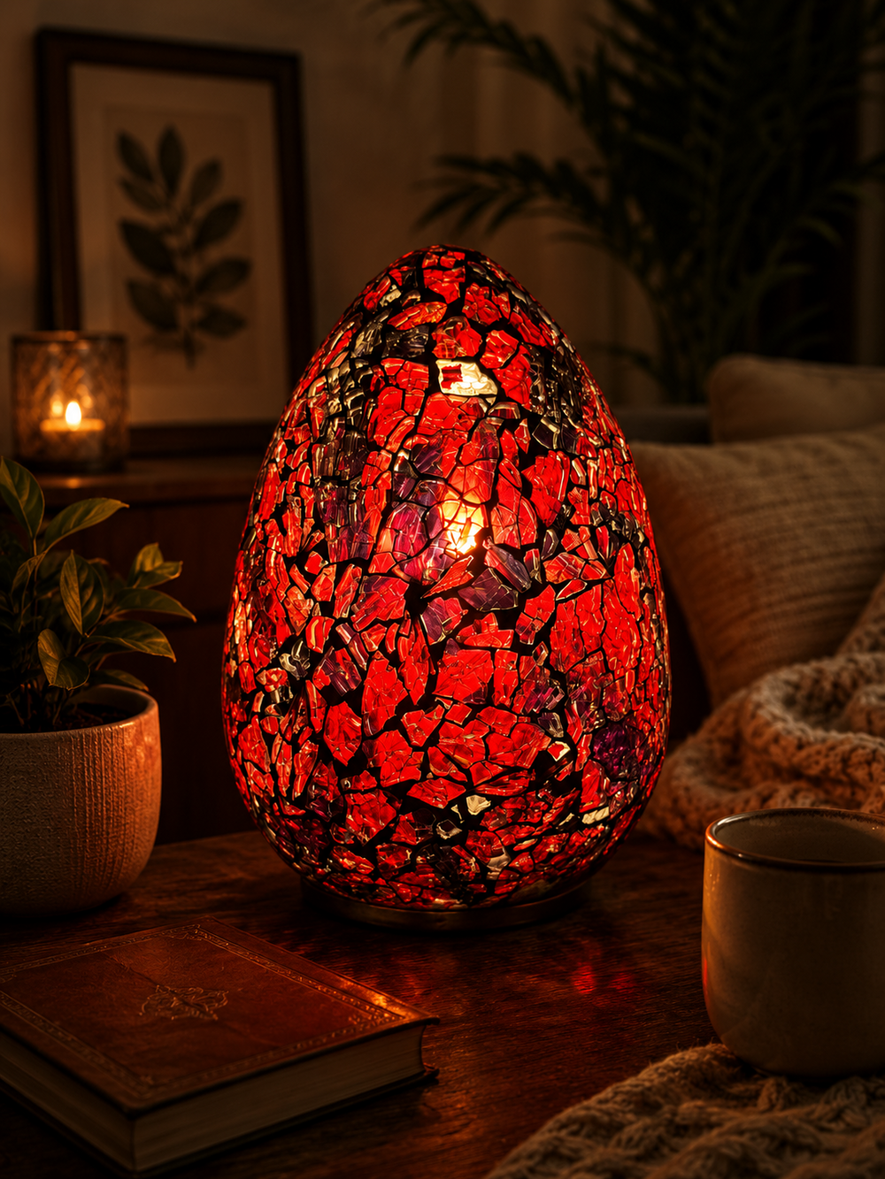 LUNORA red mosaic lamp glowing in a warm luxury interior