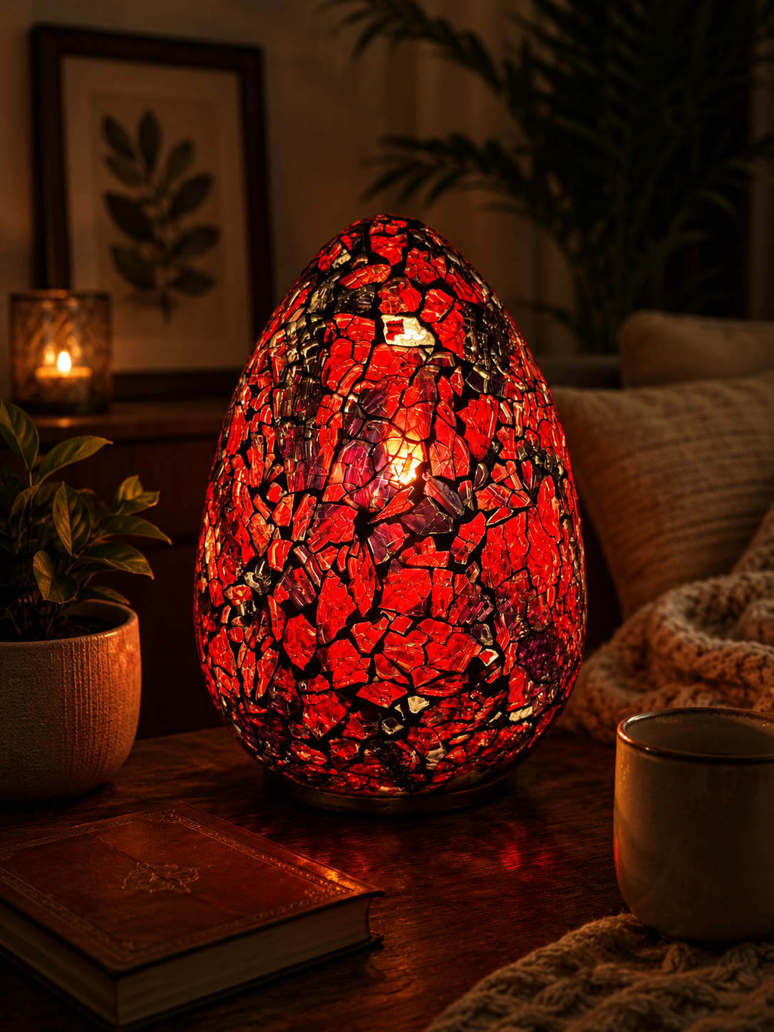 LUNORA red mosaic lamp glowing in a warm luxury interior