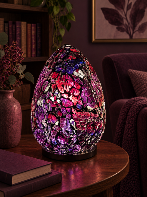LUNORA Violet Mosaic Lamp in a rich reading corner