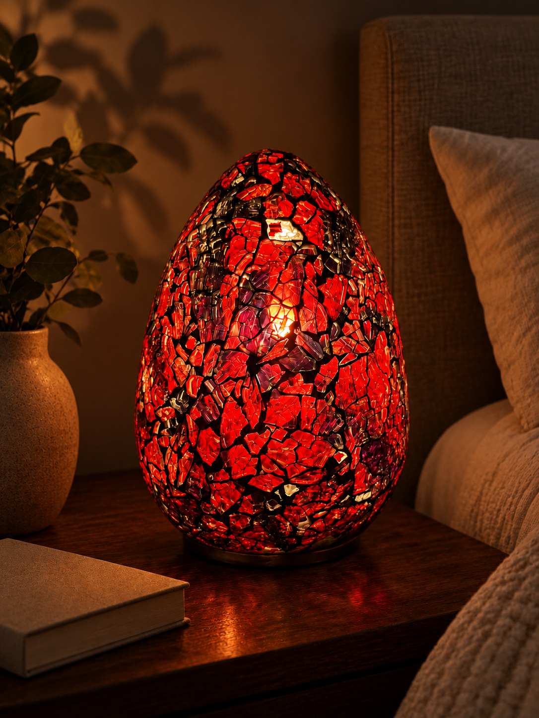 LUNORA Red Mosaic Lamp beside a warm bedside setting