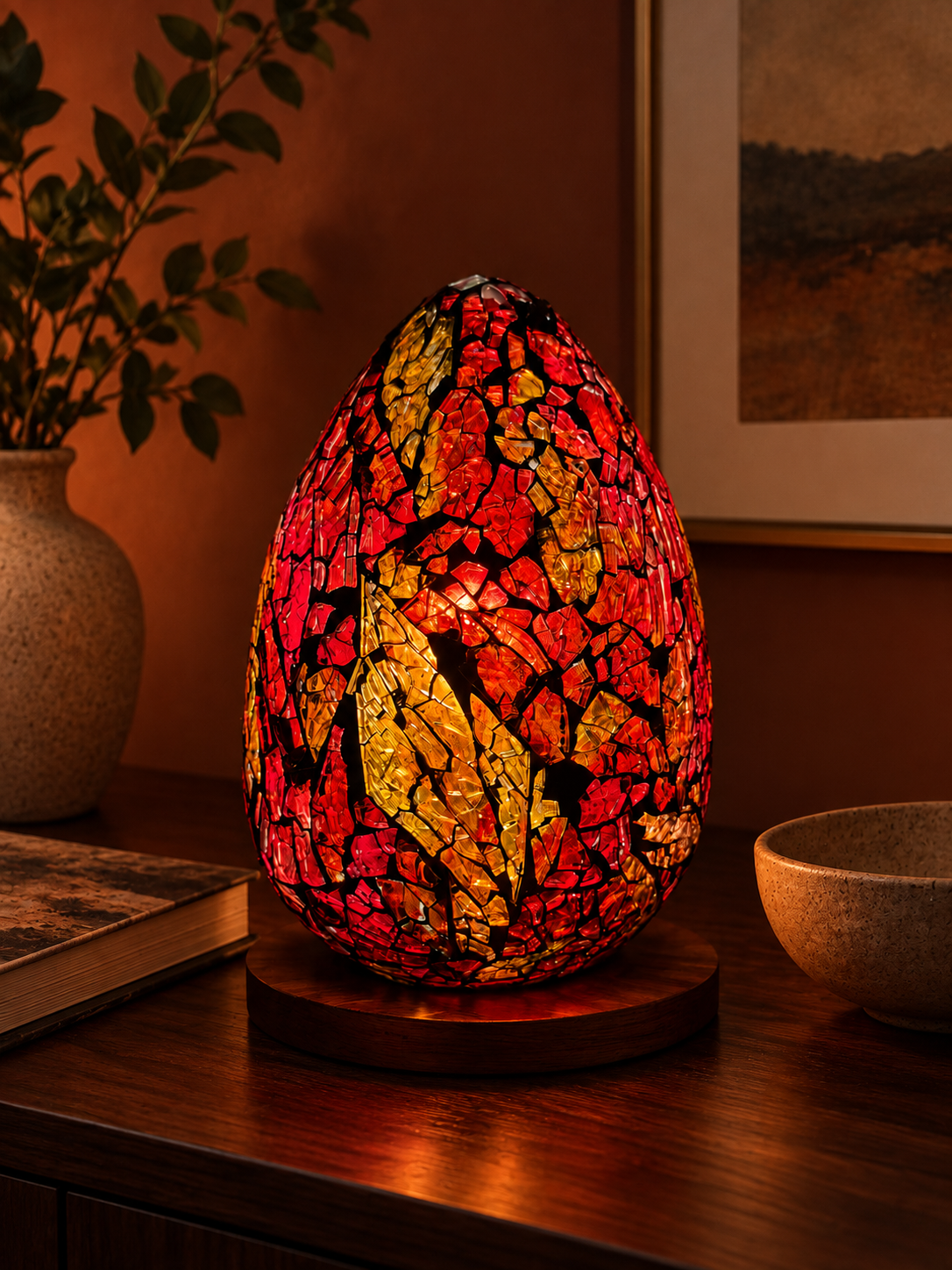 LUNORA Red and Gold Mosaic Lamp in a reading nook